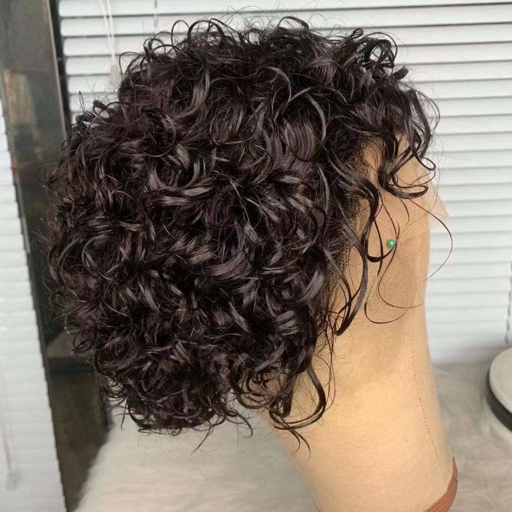 Bob Style Curly Pixie Cut Human Hair Lace Wig Naturlal Black #1B