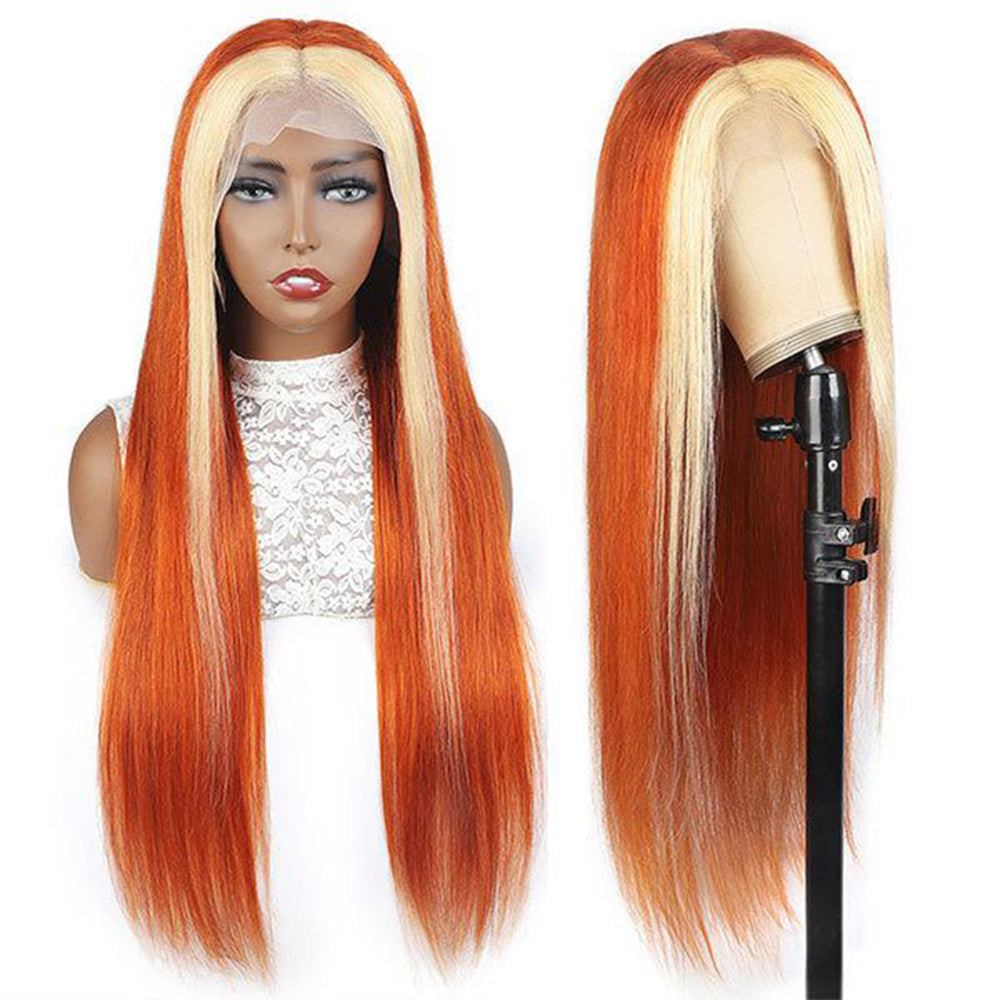 Blond Front/Orange Back Highlight  Transparent Frontal Wig Straight