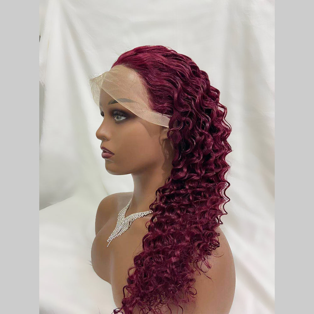 Lovely Red Transparent Frontal Wig Deep Wave