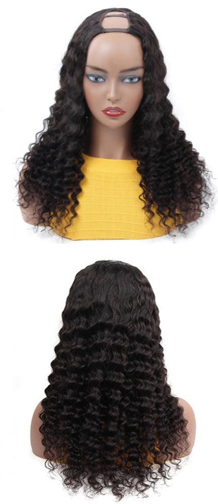 Deep Wave #1B Natural Black U Part Wigs 100% Virgin Human Hair 180% Density
